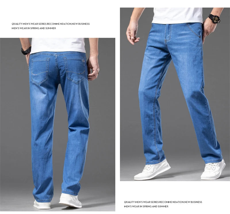 Large Size Men's Stretch Thin Jeans Summer Classic Black Blue Business Casual Straight Denim Pants Baggy Trousers 44 46