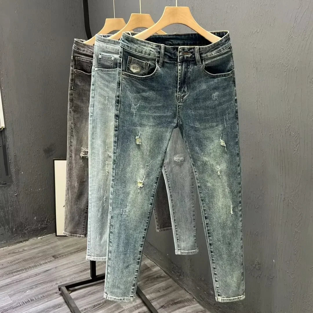 New Style Distressed Vintage Slim Fit Jeans For Men Casual Cropped Pants Elasticity Long Lasting Trendy Youth Denim