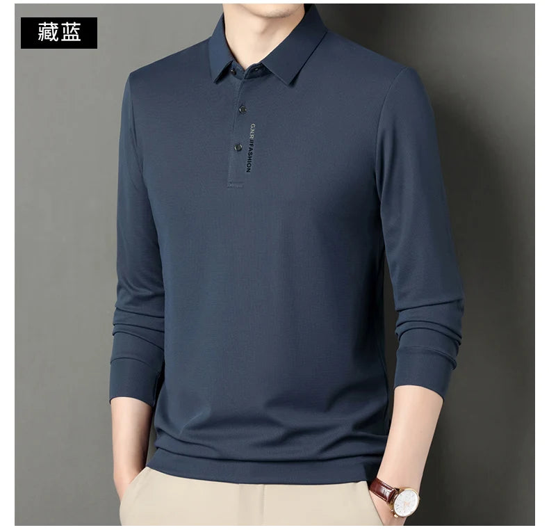 2024 Autumn New Men's Long-sleeved Polo Shirt Business Casual Slim Elastic Top Fashion Classic Solid Color Male Brand Tees