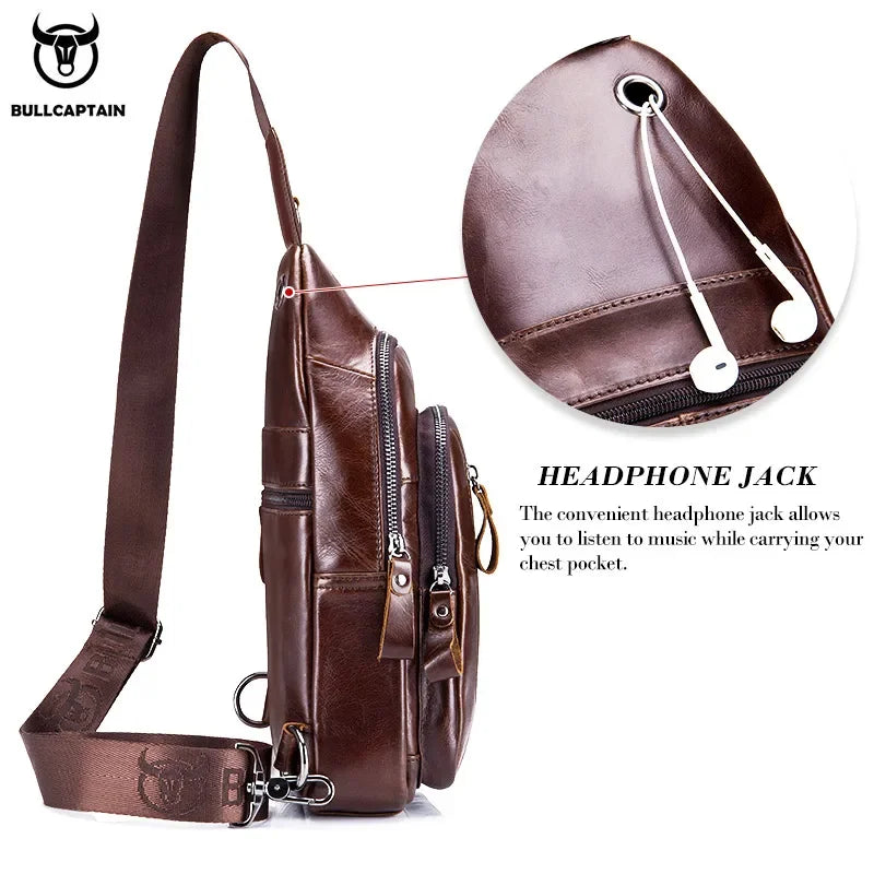 BULLCAPTAIN Men's Genuine Leather Casual Crossbody Bags Leather Chest Bag For Men Fashion Excursion Bag's Can Hold 7.9 Inch IPai