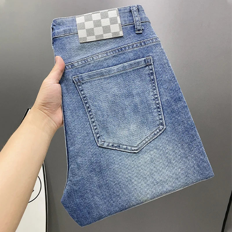 New Jeans Men'S Plaid Print Straight Fit Men'S Pants Blue Fashion Designer Casual Everything With Street Cotton Denim Pants