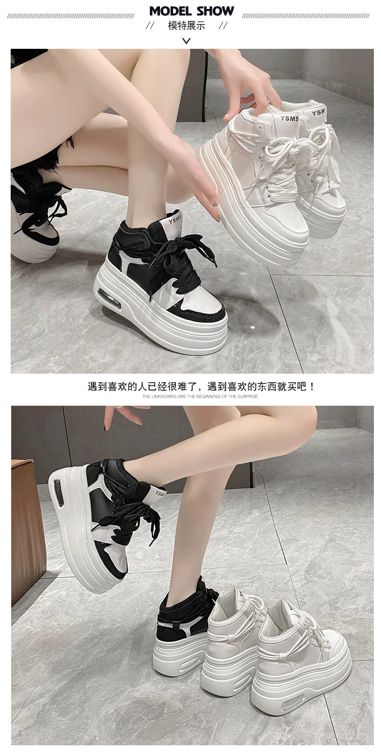 Chunky Sneakers for Women Comfort High Top 8cm Platform Height Increasing Sports Shoes Basketball Non-slip Trainers Walking Shoe