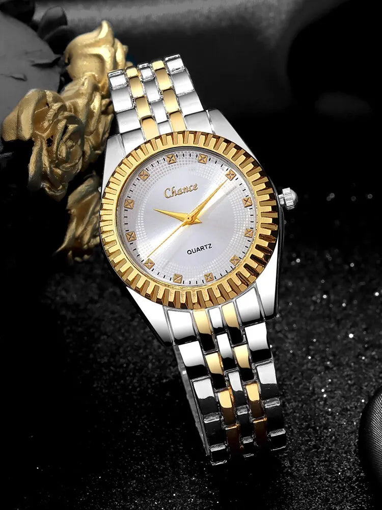 2pcs Women's Fashion Trend Round Steel Band Quartz Watch+Diamond Butterfly Chain Bracelet Set