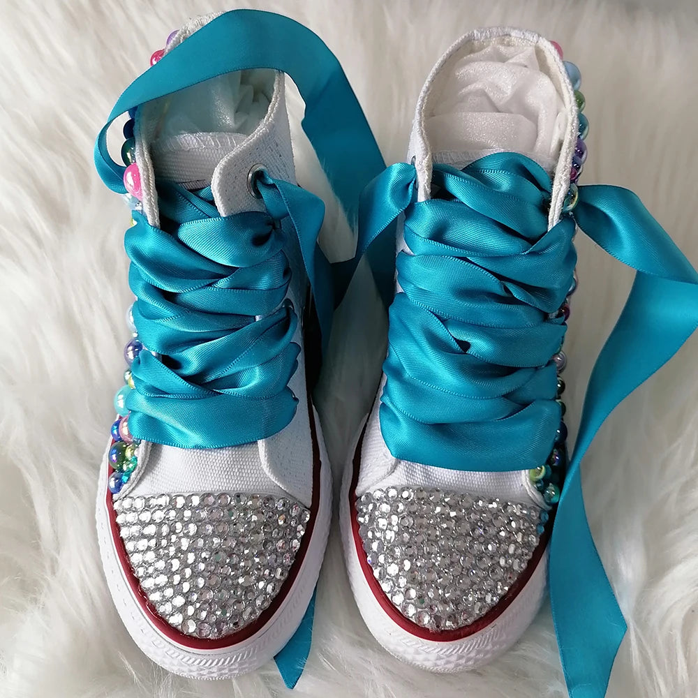 Handmade Rhinestones Bling Girls Womens Kids And Mother Candy Canvas Shoes Pearls Sneakers For Girl Birthday Party Wedding