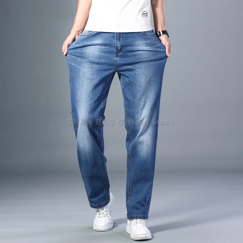 SHAN BAO cotton stretch men's straight loose loose summer thin jeans 2022 spring classic brand casual lightweight jeans blue