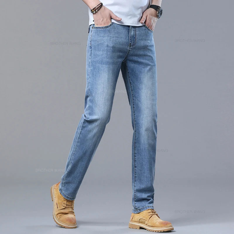 2024 Spring and Summer Thin Men's Light Blue Jeans Classic Style Business Fashion Stretch Fabric Straight Pants Male Brand