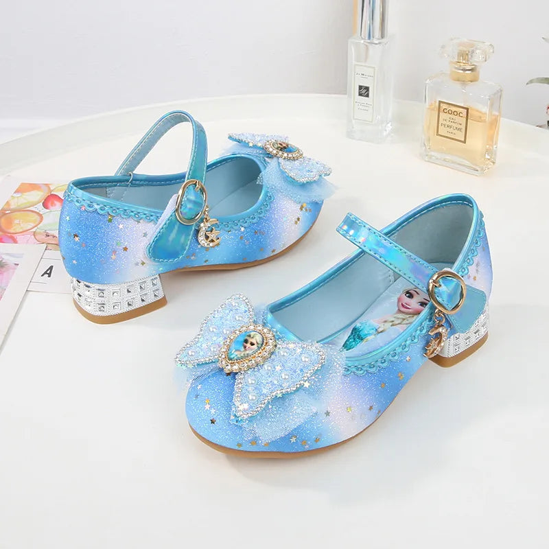 Disney Women Causal Shoes Children's High Heels Princess Elsa Girls' Shiny Rainbow Crystal Leather Pink Blue Shoes Size 23-36