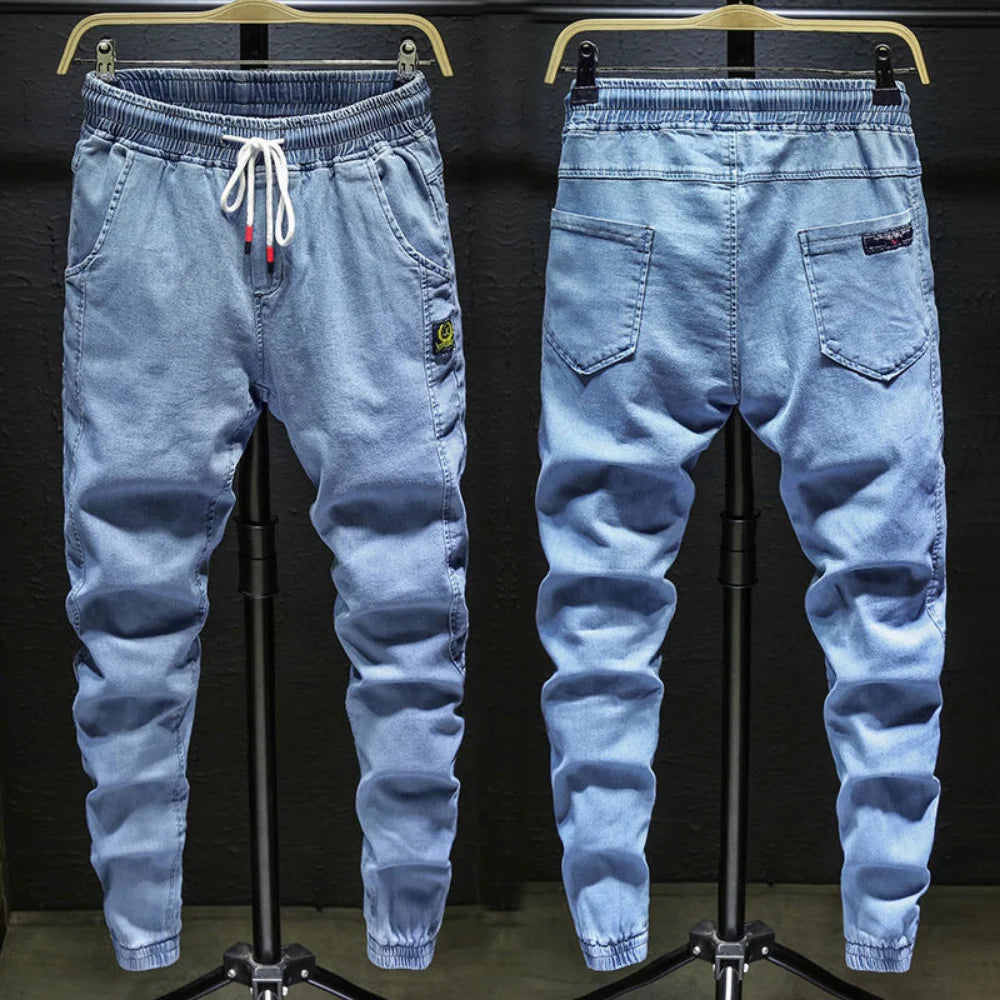 New Summer 2023 Drawstring Thin Luxury Men's Work Jeans Korean Style Clothes Streetwear Punk Casual Harem Jogger Denim Pants