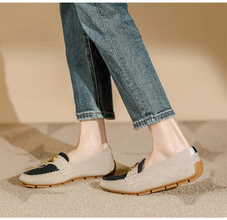 Women's Knitting Square Head Flat Shoes Soft Sole Comfortable Anti slip Casual Bean Causal Shoes 2024 Fashion New Spring