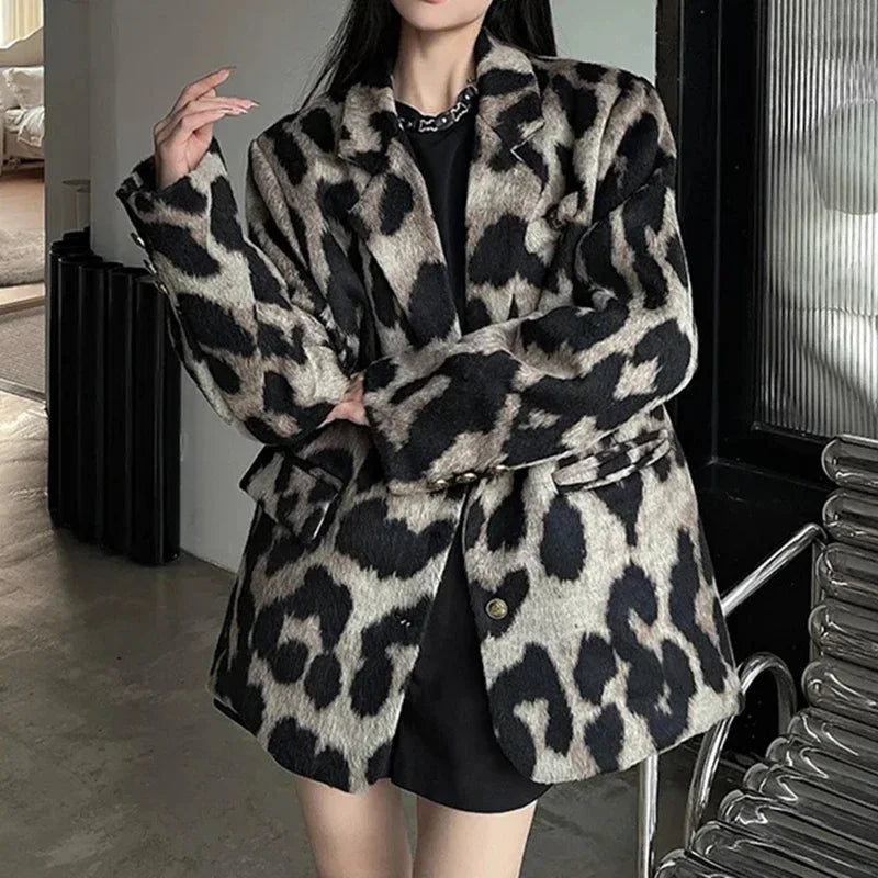 Leopard Print Women Jacket Autumn Winter Chic Office Lady Coat 2024 New Vintage Fashion Long Sleeve Pocket Female Blazers Jacket