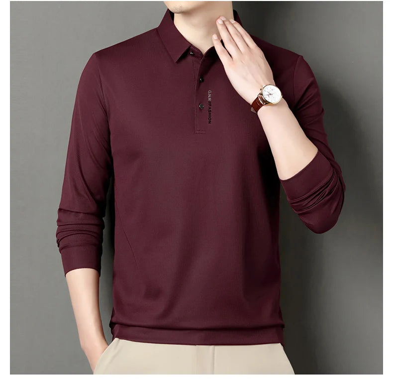 2024 Autumn New Men's Long-sleeved Polo Shirt Business Casual Slim Elastic Top Fashion Classic Solid Color Male Brand Tees