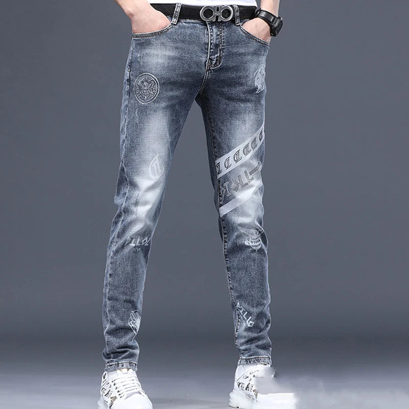 Black Jeans For Men Fashion High Street Slim Printing Denim Man Pants Autumn Stretchy Casual Biker High Quality Men's Clothing