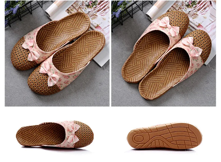 Women for Shose Slippers Summer Beach Flip Flops Breathable Linen Flat Slippers Female Casual Flax Bow Ladies Men Sandals