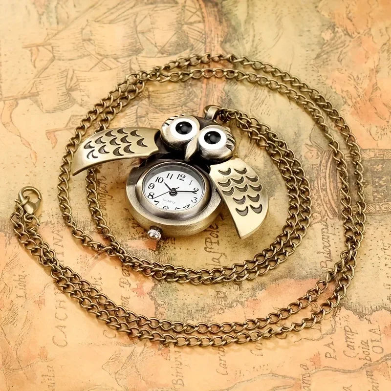 Bronze Owl Creative Pocket Watch Retro Popular Display Quartz Pocket Watch Pendant Clock Men Women Chain Gift