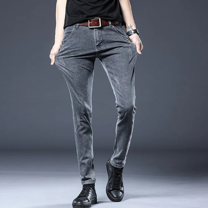 2024 New Gray Jeans Men's Slim Elastic Korean Fashion Vintage Casual Skinny Feet Male Clothing Denim Trousers 27-36