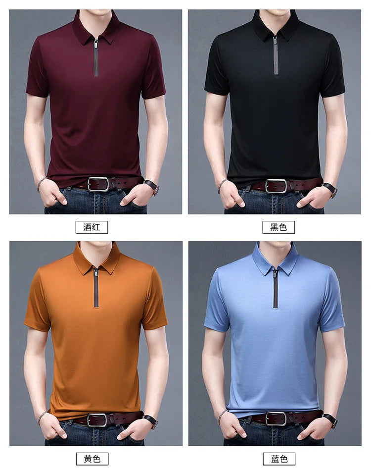 2023 Summer Men's Ice Silk Cool Polo Short Sleeve T-shirt Large Thin T-shirt Short Sleeve Polo Shirt Business Casual Shirt