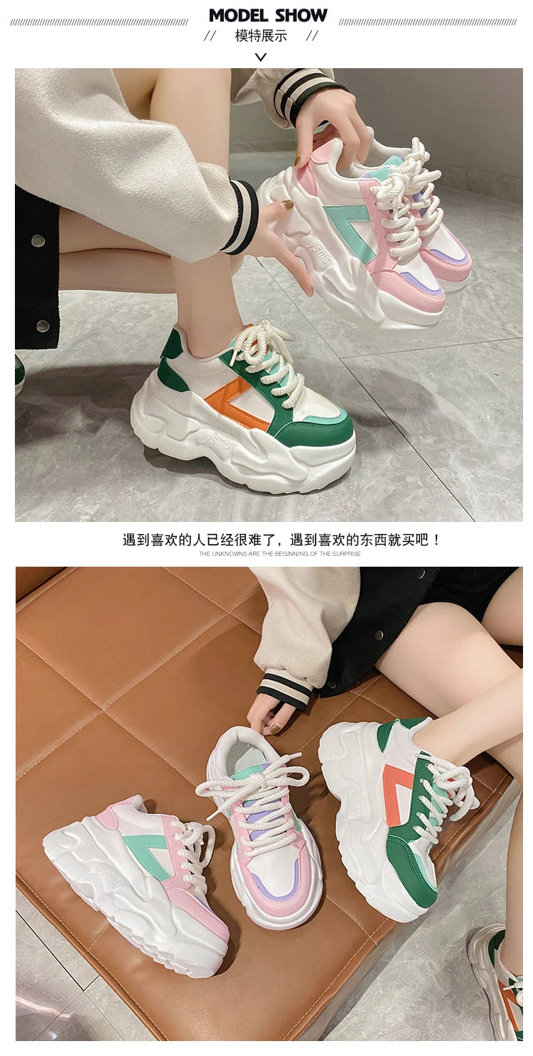 New Fashion High Platform Sneakers Women Spring Autumn Lace Up Comfort Ventilate Wedges Height Increasing Shoes Footwear