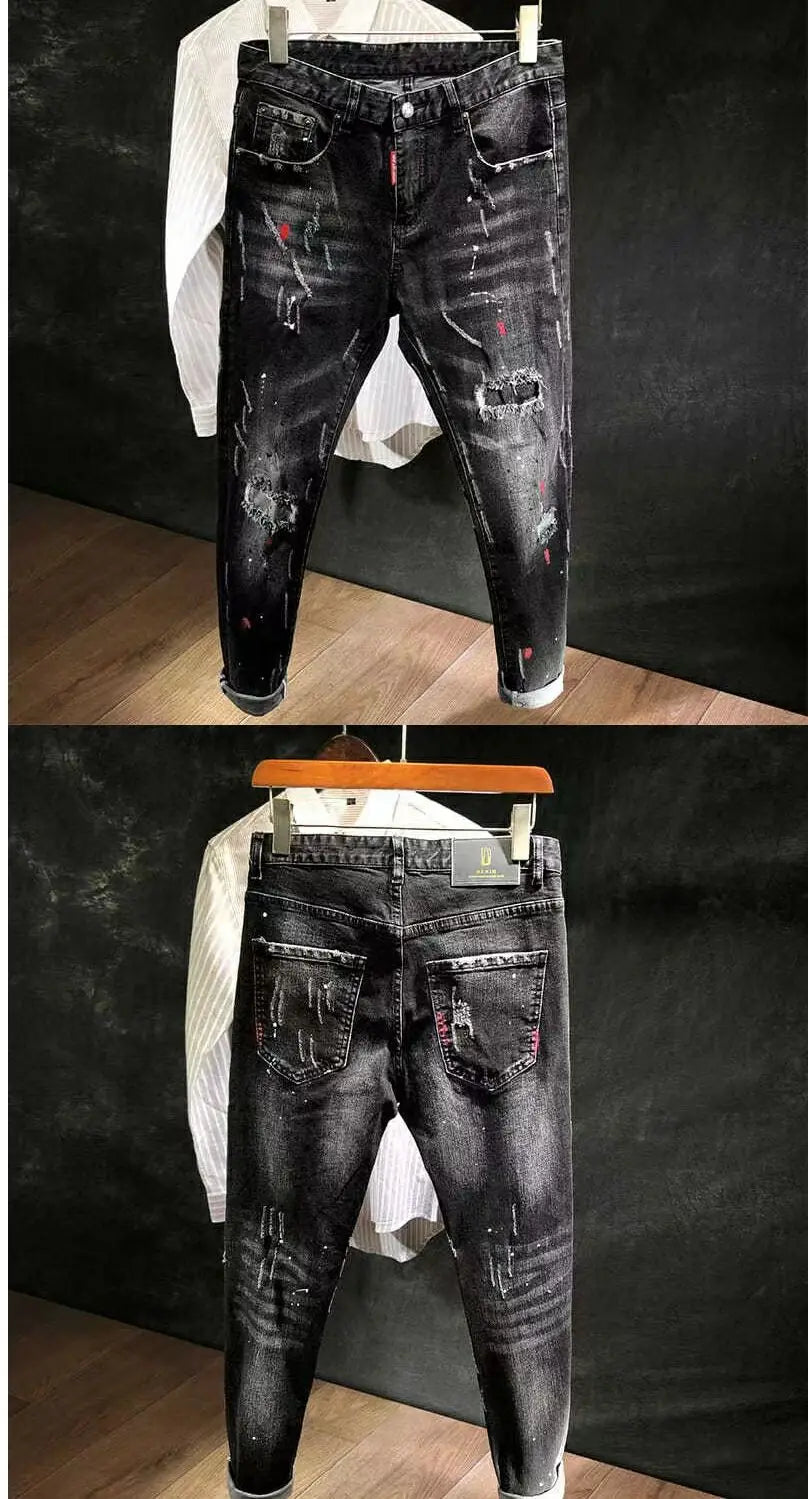 New 2023 Autumn Korean Style Work Ripped Hole Black Cowboy Hip Hop Dotting Ink Slim Jeans Men's Luxury Denim Pants for Men