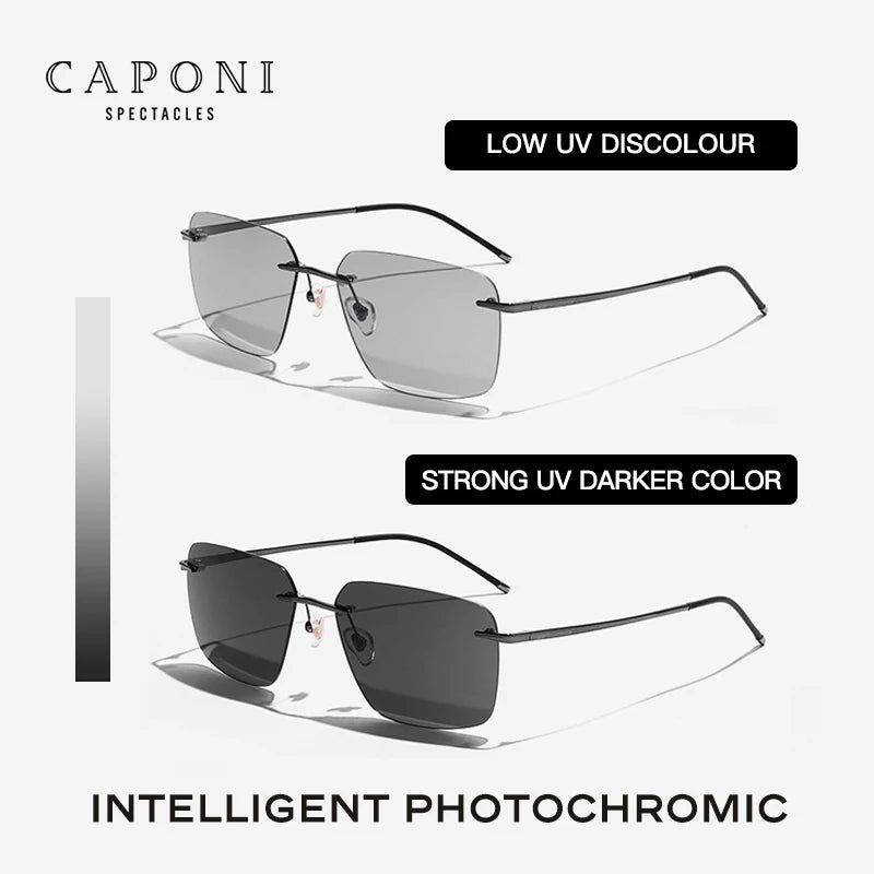 CAPONI Pure Titanium Photochromic Sunglasses Rimless Polarized Driving Men's Sun Glasses Ultra Light UV400 Brand Shades BS28923