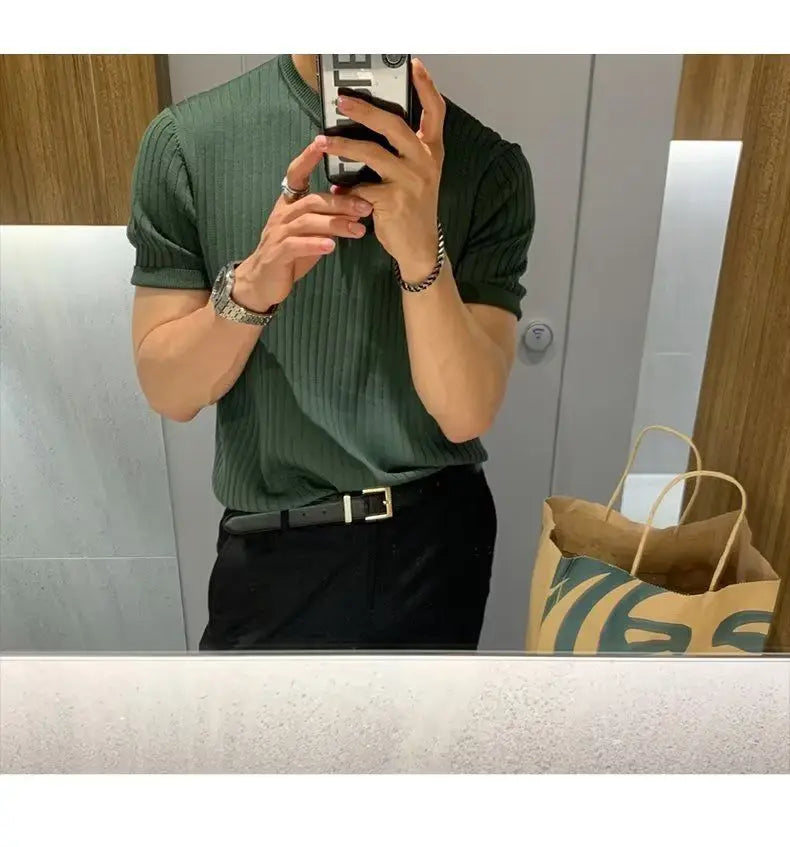 Solid Color Short Sleeve T-Shirt Men Breathable Comfortable 2024 Men's Clothing Knitted Polo Shirt Casual Striped Retro Button