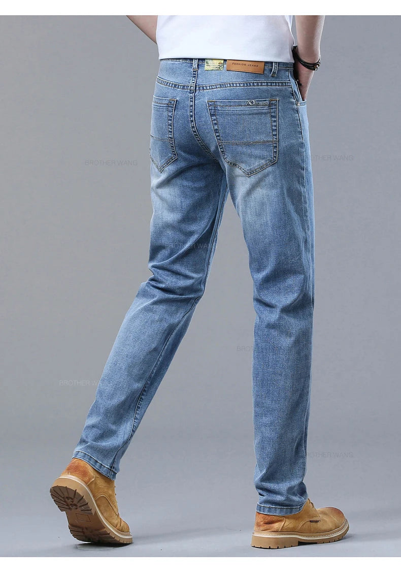 2024 Spring and Summer Thin Men's Light Blue Jeans Classic Style Business Fashion Stretch Fabric Straight Pants Male Brand