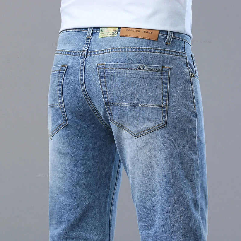 2024 Spring and Summer Thin Men's Light Blue Jeans Classic Style Business Fashion Stretch Fabric Straight Pants Male Brand