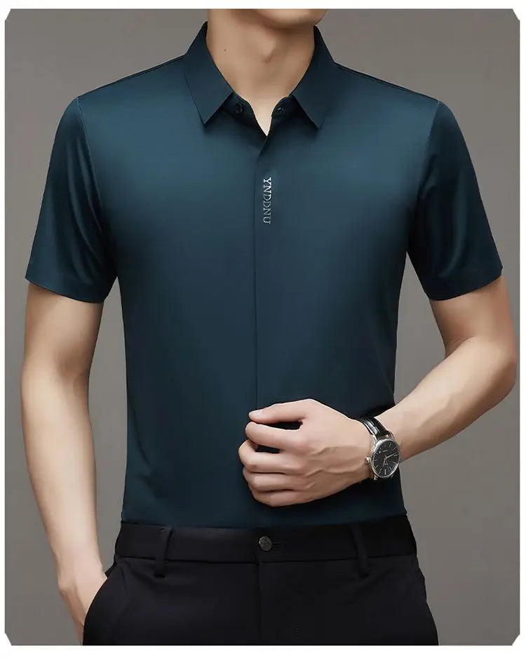 Summer Smart Casual Short Sleeved Men's Shirt Men's Solid Square Neck Button Embroidered Letter High End Wrinkle Resistant Tops