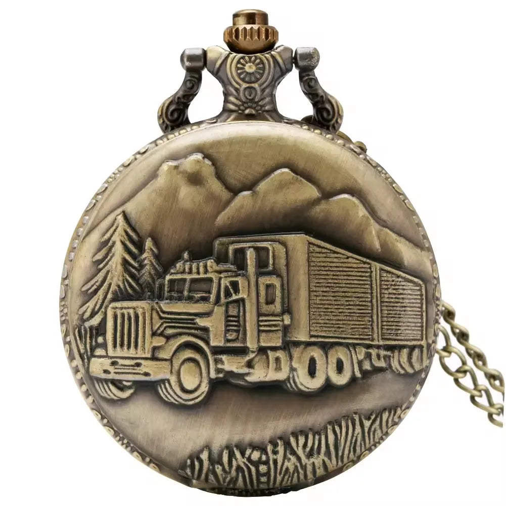 Antique Style Retro Pendant Necklace Chain Clock Bronze Truck Vintage Steampunk Quartz Pocket Watch For Men