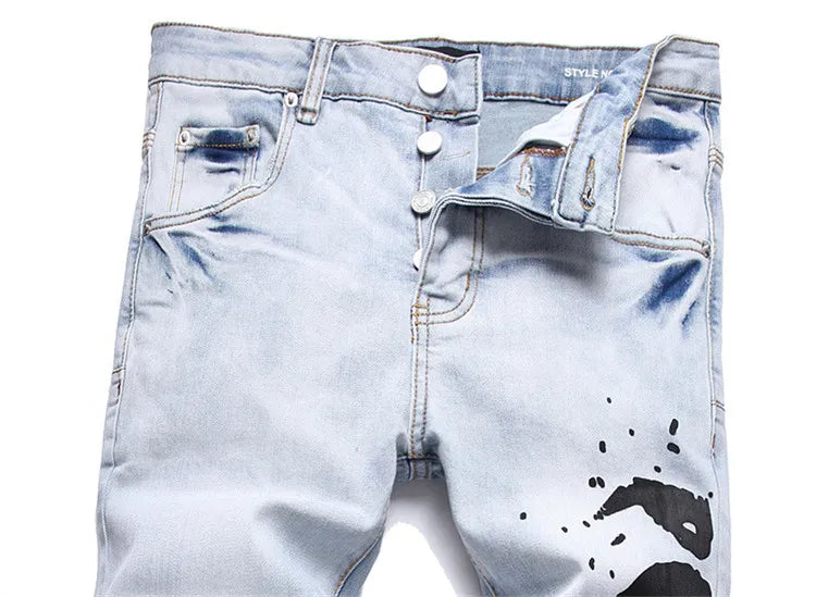 New Fashion Trend Blue Printed Jeans Mid-Waist Stretch Casual Slim Men's Denim Casual Pants