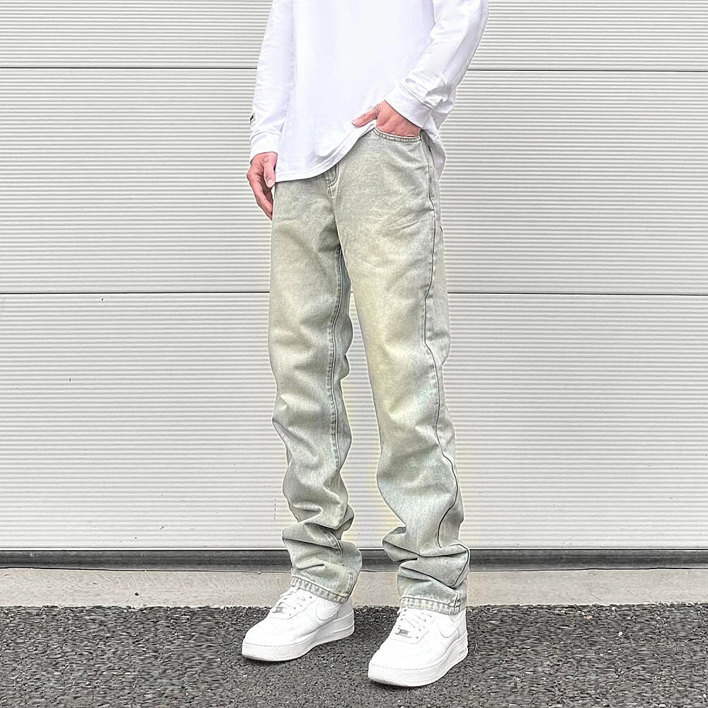 Streetwear Vibe Vintage Distressed Washed Trousers Jeans Yellow Mud Dyed Zipper Split Straight Jeans Men's and Women's Clothing