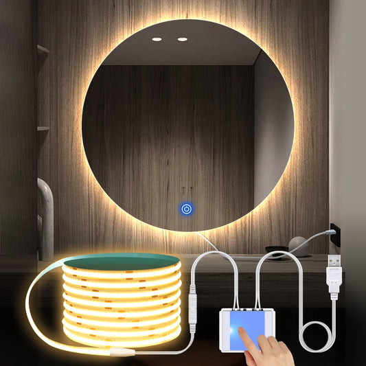 5V COB LED Strip Light USB Powered With Penetrable Mirror Glass Touch Sensor Dimmable Switch For Makeup Mirror Bathroom Lighting