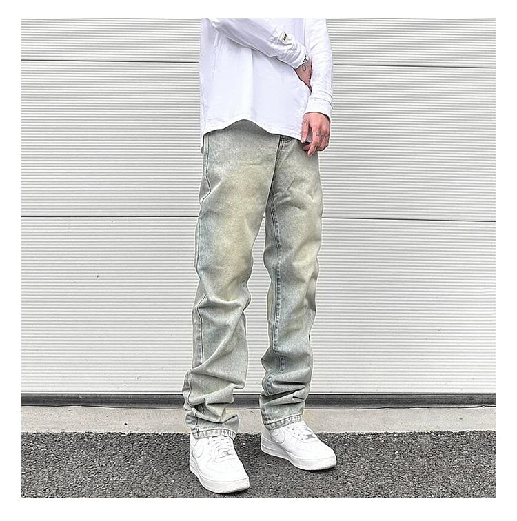 Streetwear Vibe Vintage Distressed Washed Trousers Jeans Yellow Mud Dyed Zipper Split Straight Jeans Men's and Women's Clothing