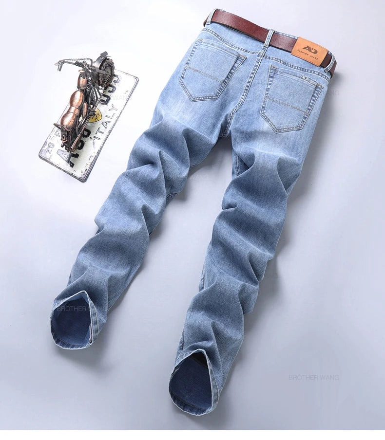 2024 Spring and Summer Thin Men's Light Blue Jeans Classic Style Business Fashion Stretch Fabric Straight Pants Male Brand