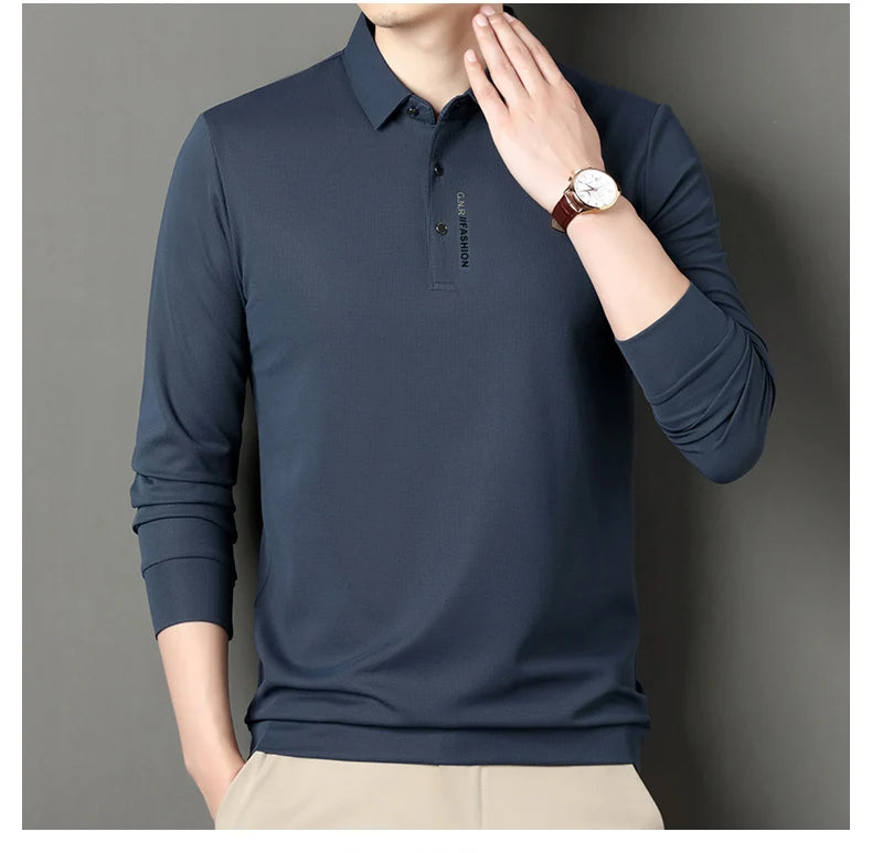 2024 Autumn New Men's Long-sleeved Polo Shirt Business Casual Slim Elastic Top Fashion Classic Solid Color Male Brand Tees