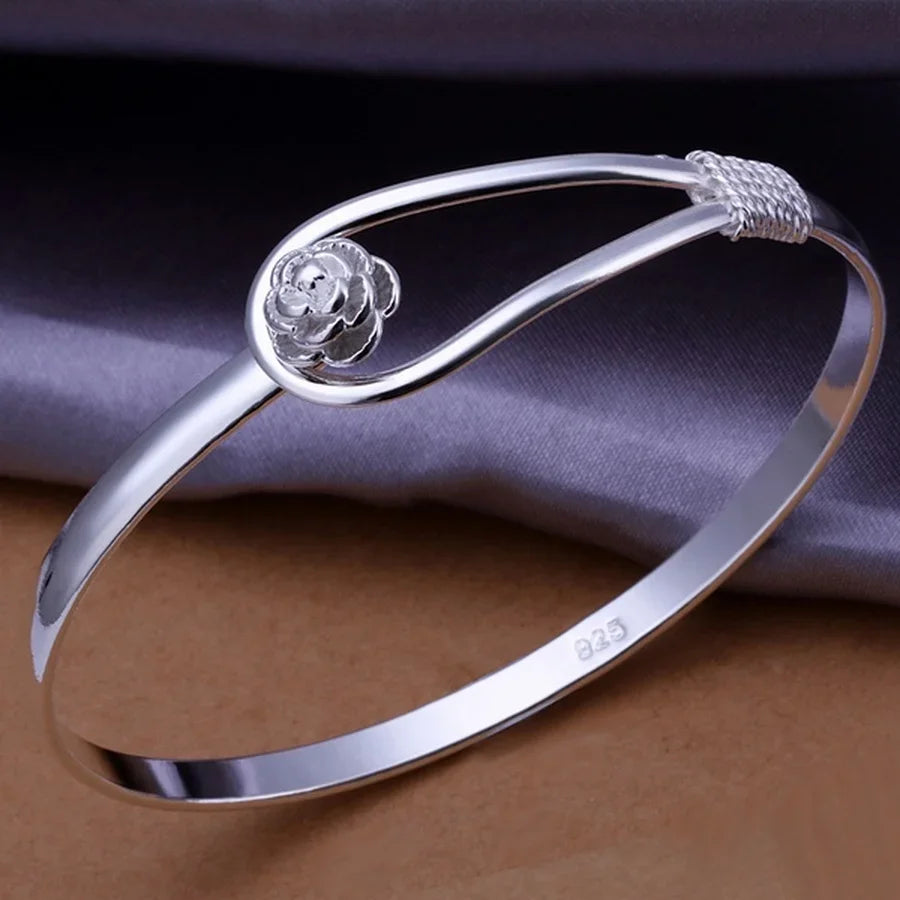 Christmas Gift 925 Sterling Silver Bangle Bracelet Jewelry Women Cute Girl Fashion Noble Qualities Female Charm Flower Buckle