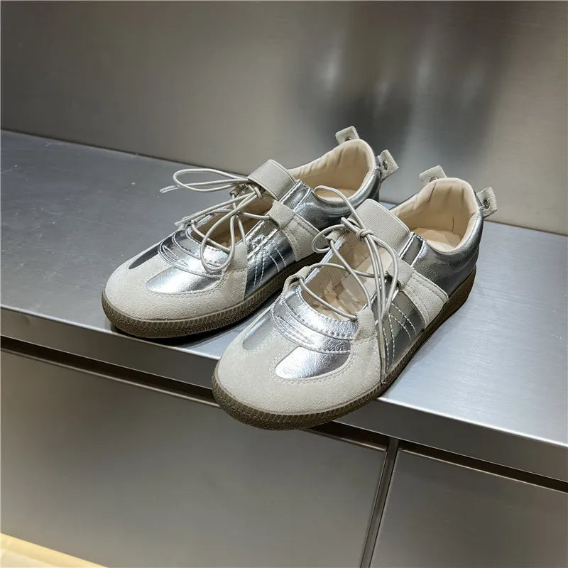 2024 Women Spring Summer New Soft Leather Korea Y2k Designer Casual Ballet Sports Athletic Training Flat Sneakers Female Shoes