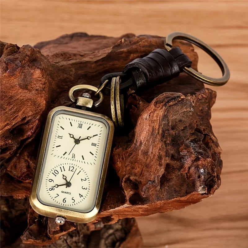 Bronze keychain pocket watch square retro double time movement quartz watch without cover antique style pendant