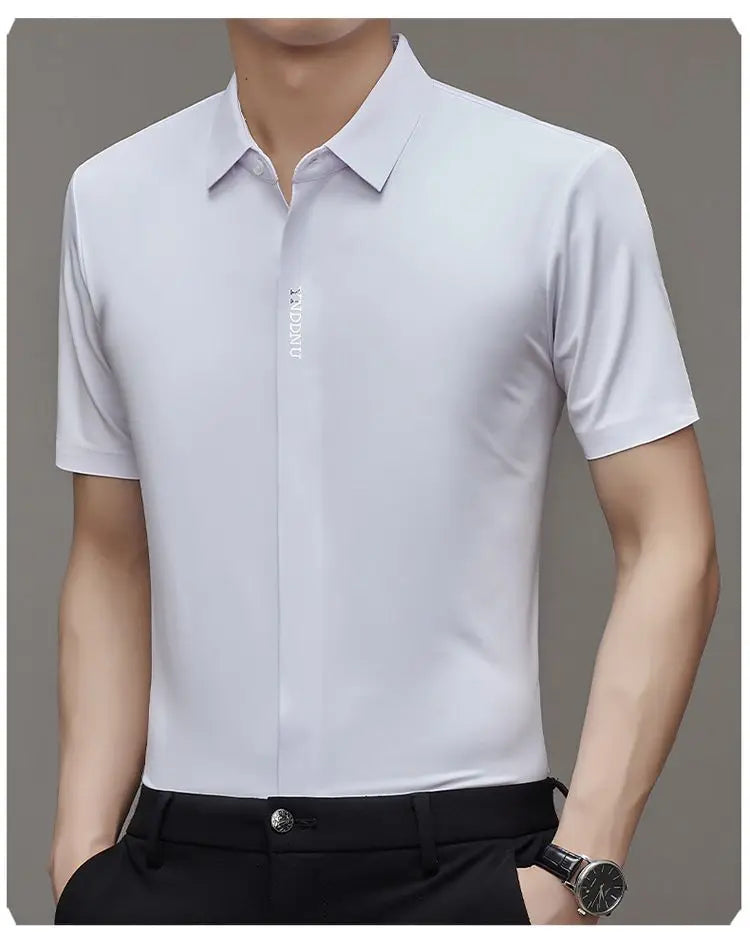 Summer Smart Casual Short Sleeved Men's Shirt Men's Solid Square Neck Button Embroidered Letter High End Wrinkle Resistant Tops