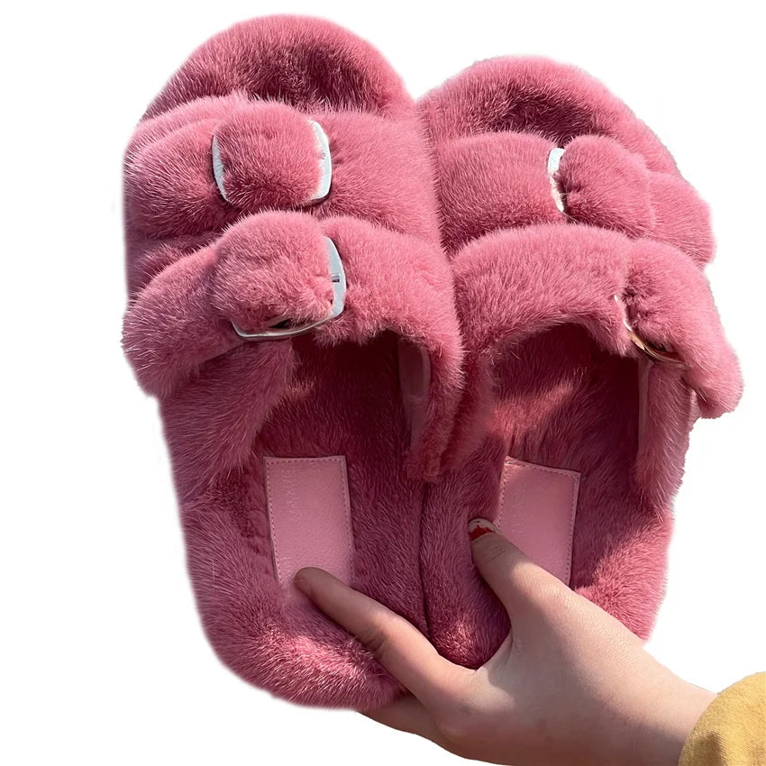 2024 New Women Fur Slippers Shoes Women Warm Winter Natural Fur Shoes For Women Slippers Casual Plush Comfortable Mink Slippers