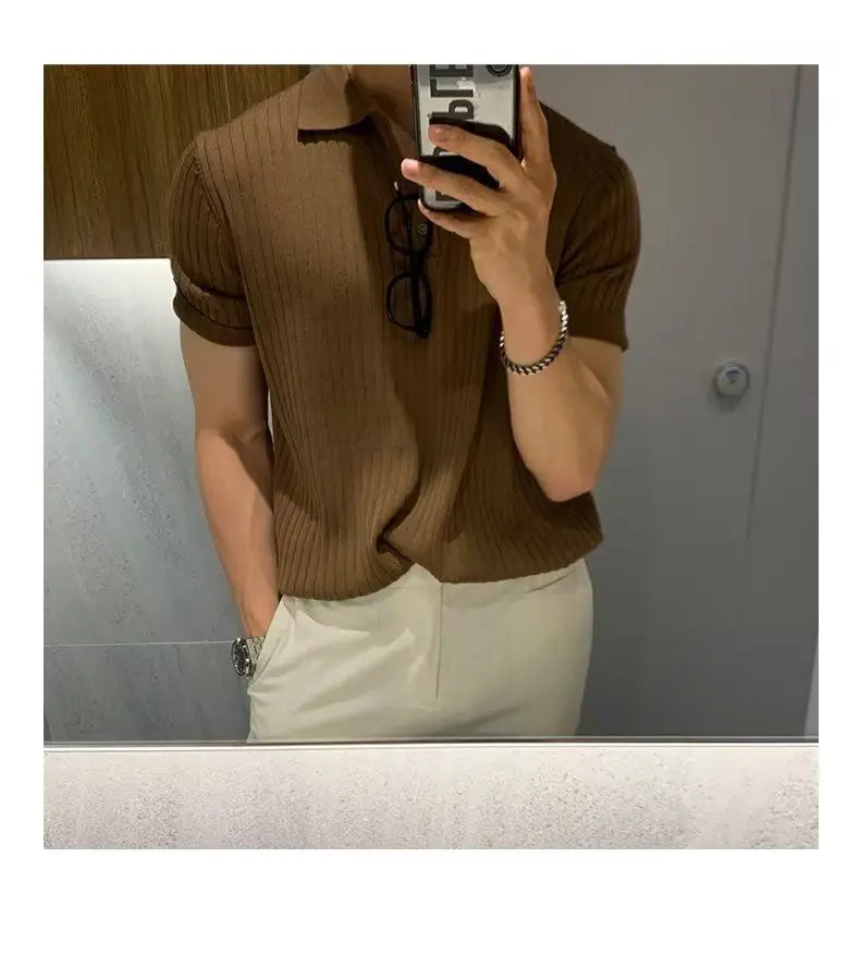 Solid Color Short Sleeve T-Shirt Men Breathable Comfortable 2024 Men's Clothing Knitted Polo Shirt Casual Striped Retro Button