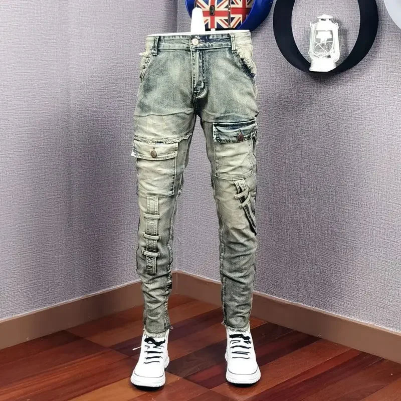 Autumn Winter 2022 New Broken Denim Jean Men's Patch Slim Feet Fashion Retro Cargo Pants Vintage Pantalon Skinny Homme Jeans