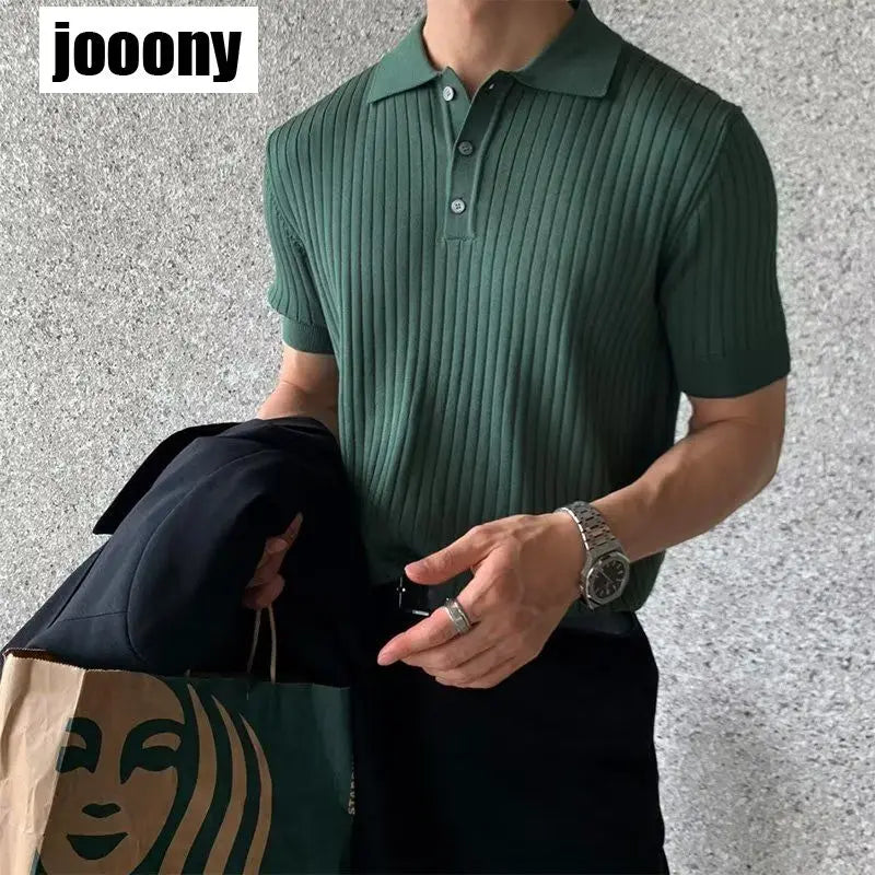 Solid Color Short Sleeve T-Shirt Men Breathable Comfortable 2024 Men's Clothing Knitted Polo Shirt Casual Striped Retro Button