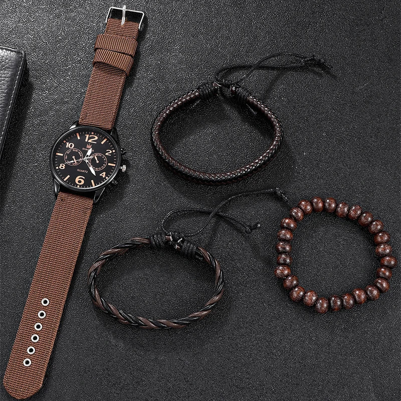 4Pcs Set Fashion Mens Sports Bracelet Watches For Men Retro Big Dial Quartz Wrist Watch Classic Male Casual Brown Nylon Watch