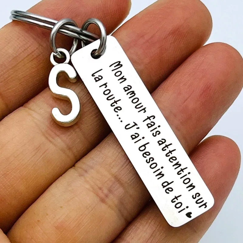 French Languag Mon Amour Fais Attention Sur La Route Stainless Steel Engraving Keychain Jewerly Husband Boyfriend Gift