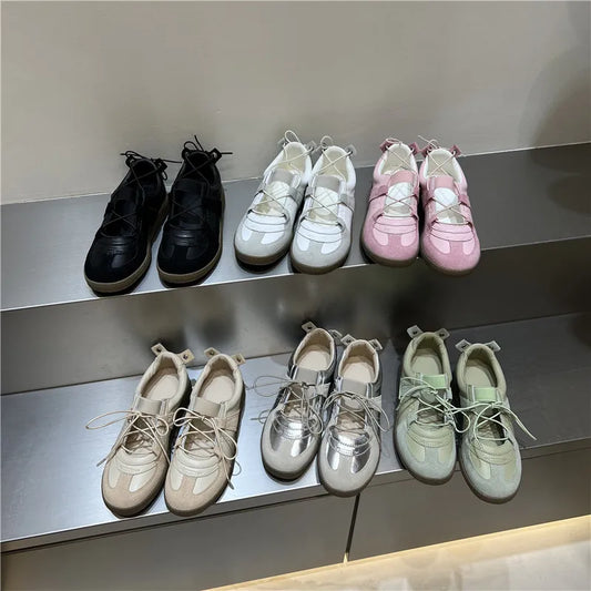 2024 Women Spring Summer New Soft Leather Korea Y2k Designer Casual Ballet Sports Athletic Training Flat Sneakers Female Shoes